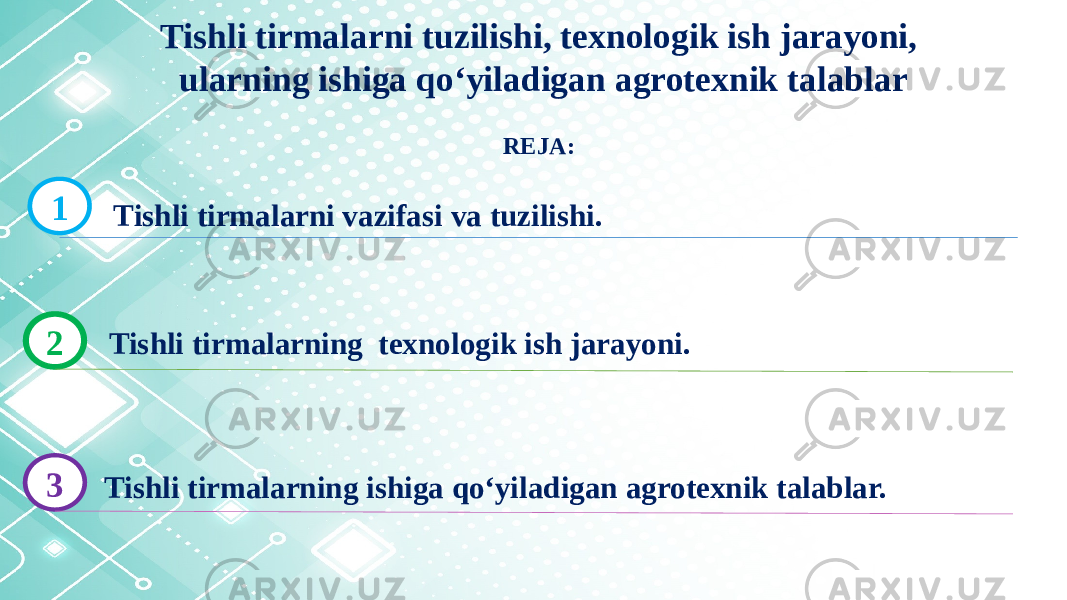 Tishli tirmalarni tuzilishi, texnologik ish jarayoni, ularning ishiga qo‘yiladigan agrotexnik talablar 1 Tishli tirmalarni vazifasi va tuzilishi. 2 Tishli tirmalarning texnologik ish jarayoni. 3 Tishli tirmalarning ishiga qo‘yiladigan agrotexnik talablar. REJA: 