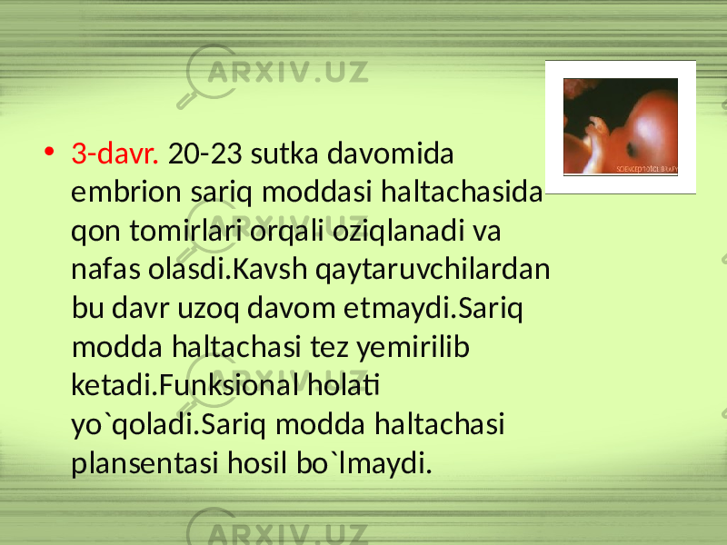 • 3-davr. 20-23 sutka davomida embrion sariq moddasi haltachasida qon tomirlari orqali oziqlanadi va nafas olasdi.Kavsh qaytaruvchilardan bu davr uzoq davom etmaydi.Sariq modda haltachasi tez yemirilib ketadi.Funksional holati yo`qoladi.Sariq modda haltachasi plansentasi hosil bo`lmaydi. 