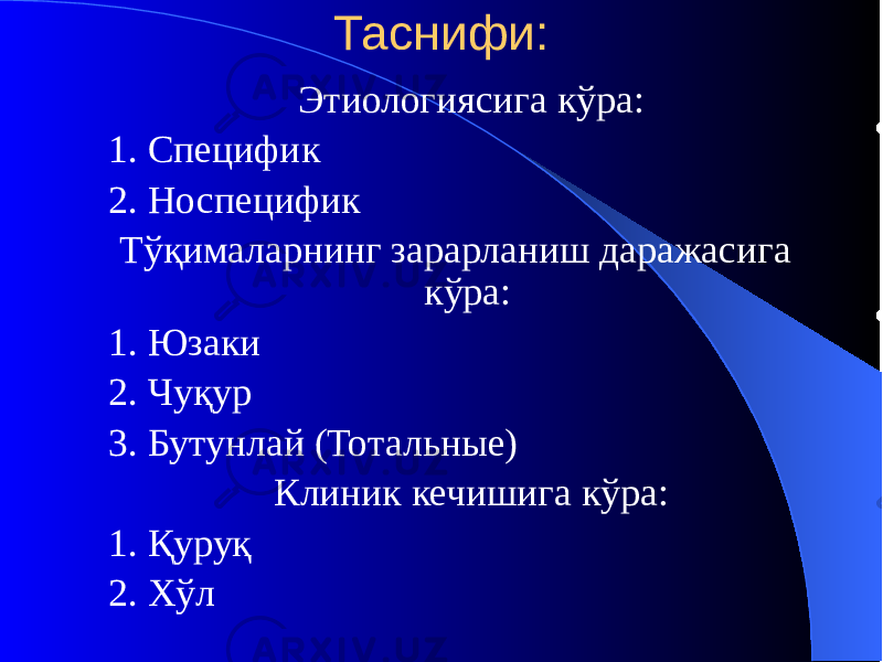 Таснифи: Этиологиясига кўра: 1. Специфик 2. Носпецифик Тўқималарнинг зарарланиш даражасига кўра: 1. Юзаки 2. Чуқур 3. Бутунлай (Тотальные) Клиник кечишига кўра: 1. Қуруқ 2. Хўл 