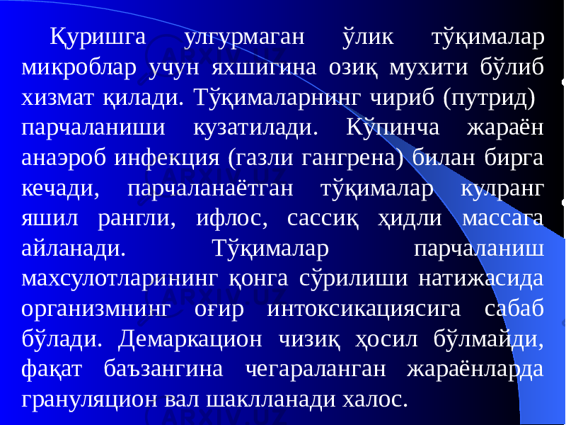 Қуришга улгурмаган ўлик тўқималар микроблар учун яхшигина озиқ мухити бўлиб хизмат қилади. Тўқималарнинг чириб (путрид) парчаланиши кузатилади. Кўпинча жараён анаэроб инфекция (газли гангрена) билан бирга кечади, парчаланаётган тўқималар кулранг яшил рангли, ифлос, сассиқ ҳидли массага айланади. Тўқималар парчаланиш махсулотларининг қонга сўрилиши натижасида организмнинг оғир интоксикациясига сабаб бўлади. Демаркацион чизиқ ҳосил бўлмайди, фақат баъзангина чегараланган жараёнларда грануляцион вал шаклланади халос. 