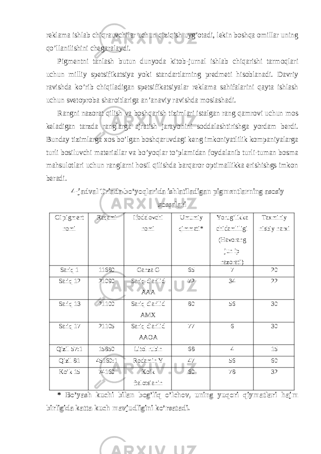 reklama ishlab chiqrauvchilar uchun qiziqish uyg’otadi, lekin boshqa omillar uning qo’llanilishini chegaralaydi. Pigmentni tanlash butun dunyoda kitob-jurnal ishlab chiqarishi tarmoqlari uchun milliy spetsifikatsiya yoki standartlarning predmeti hisoblanadi. Davriy ravishda ko’rib chiqiladigan spetsifikatsiyalar reklama sahifalarini qayta ishlash uchun svetoproba sharoitlariga an’anaviy ravishda moslashadi. Rangni nazorat qilish va boshqarish tizimlari istalgan rang qamrovi uchun mos keladigan tarzda ranglarga ajratish jarayonini soddalashtirishga yordam berdi. Bunday tizimlarga xos bo’lgan boshqaruvdagi keng imkoniyatlilik kompaniyalarga turli bosiluvchi materiallar va bo’yoqlar to’plamidan foydalanib turli-tuman bosma mahsulotlari uchun ranglarni hosil qilishda barqaror optimallikka erishishgs imkon beradi. 4-jadval Triada bo’yoqlarida ishlatiladigan pigmentlarning asosiy xossalari CI pigment nomi Raqami Ifodalovchi nomi Umumiy qimmati* Yorug’likka chidamliligi (Havorang jun ip nazorati) Taxminiy nisbiy narxi Sariq 1 11680 Ganza G 65 7 20 Sariq 12 21090 Sariq diarilid AAA 72 34 22 Sariq 13 21100 Sariq diarilid AMX 80 56 30 Sariq 17 21105 Sariq diarilid AAOA 77 6 30 Qizil 57:1 15850 Litol rubin 68 4 15 Qizil 81 45160:1 Rodamin Y 47 56 60 Ko’k 15 74160 Ko’k ftalotsianin 60 78 32 * Bo’yash kuchi bilan bog’liq o’lchov, uning yuqori qiymatlari hajm birligida katta kuch mavjudligini ko’rsatadi. 