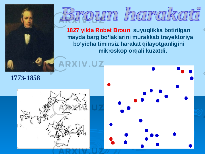  1773-1858 1827 yilda Robet Broun suyuqlikka botirilgan mayda barg bo’laklarini murakkab trayektoriya bo’yicha timinsiz harakat qilayotganligini mikroskop orqali kuzatdi . 