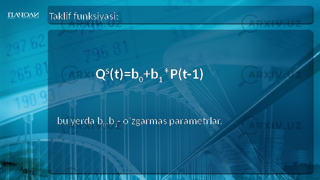 Taklif funksiyasi: Q S (t)=b 0 +b 1 *P(t-1) bu yerda b 0 ,b 1 - o‘zgarmas parametrlar. 