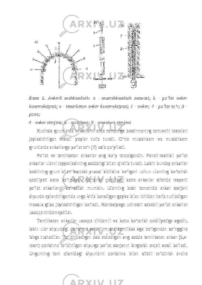 Rasm 5. Ankerli mahkamlash: a - mustahkamlash sxemasi; b - po’lat anker konstruksiyasi; v - temirbeton anker konstruksiyasi; 1 - anker; 2 - po’lat to’r; 3 - pona; 4 - anker sterjeni; 5 - qorishma; 6 - armatura sterjeni Kuchsiz gruntlarda ankerlarni orqa tomoniga bostirmaning tortuvchi taxtalari joylashtirilgan metall yoylar tutib turadi. O’rta mustahkam va mustahkam gruntlarda ankerlarga po’lat to’r ( 2 ) osib qo’yiladi. Po’lat va temirbeton ankerlar eng ko’p tarqalgandir. Ponali-teshikli po’lat ankerlar ularni tayyorlashning soddaligi bilan ajralib turadi. Lekin bunday ankerlar boshining grunt bilan kontakt yuzasi kichkina bo’lgani uchun ularning ko’tarish qobiliyati katta bo’lmaydi. Ko’tarish qobiliyati katta ankerlar sifatida rasporli po’lat ankerlarni ko’rsatish mumkin. Ularning bosh tomonida anker sterjeni shpurda aylantirilganida unga kirib boradigan gayka bilan ichidan itarib turiladigan maxsus gilza joylashtirilgan bo’ladi. Korroziyaga uchrashi sababli po’lat ankerlar uzoqqa chidamaydilar. Temirbeton ankerlar uzoqqa chidamli va katta ko’tarish qobiliyatiga egadir, lekin ular shpurdagi qorishma yetarli mustahkamlikka ega bo’lgandan so’nggina ishga tushadilar. To’ldiriladigan deb ataladigan eng sodda temirbeton anker (5, v - rasm) qorishma to’ldirilgan shpurga po’lat sterjenni kirgizish orqali xosil bo’ladi. Ungurning tom qismidagi shpurlarni qorishma bilan sifatli to’ldirish ancha 