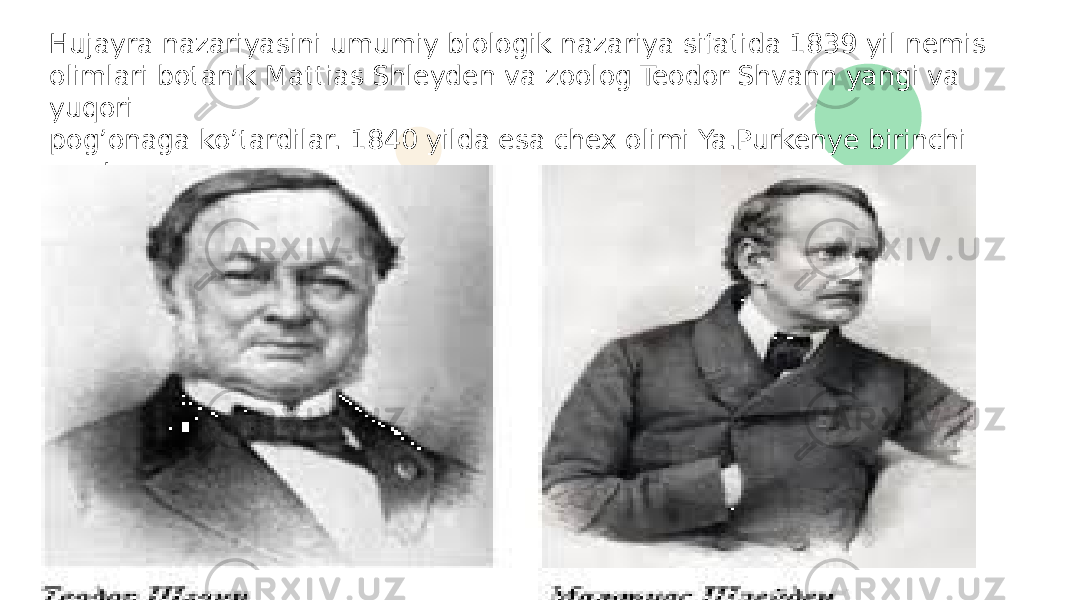 Hujayra nazariyasini umumiy biologik nazariya sifatida 1839 yil nemis olimlari botanik Mattias Shleyden va zoolog Teodor Shvann yangi va yuqori pog’onaga ko’tardilar. 1840 yilda esa chex olimi Ya.Purkenye birinchi marta protoplazma atamasini taklif etdi. 