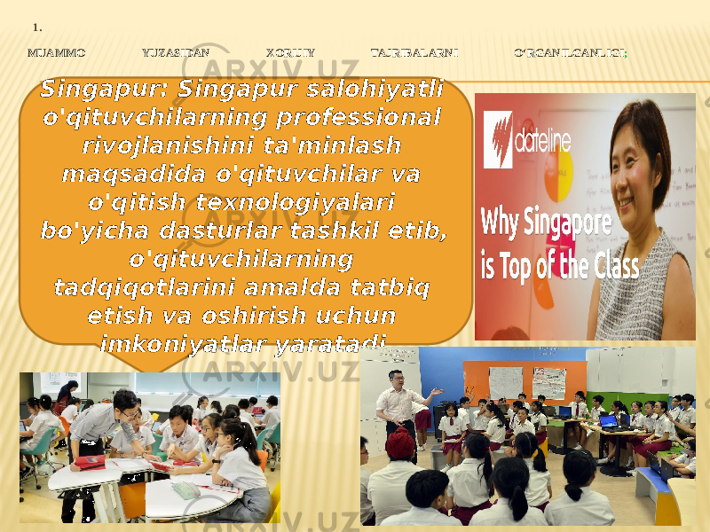 1. MUAMMO YUZASIDAN XORIJIY TAJRIBALARNI O‘RGANILGANLIGI ; Singapur: Singapur salohiyatli o&#39;qituvchilarning professional rivojlanishini ta&#39;minlash maqsadida o&#39;qituvchilar va o&#39;qitish texnologiyalari bo&#39;yicha dasturlar tashkil etib, o&#39;qituvchilarning tadqiqotlarini amalda tatbiq etish va oshirish uchun imkoniyatlar yaratadi . 