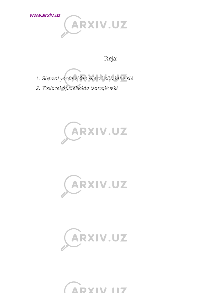 www.arxiv.uz Reja: 1. Shamol yordamida tuzlarni olib kelinishi. 2. Tuzlarni tiplanishida biologik sikl 