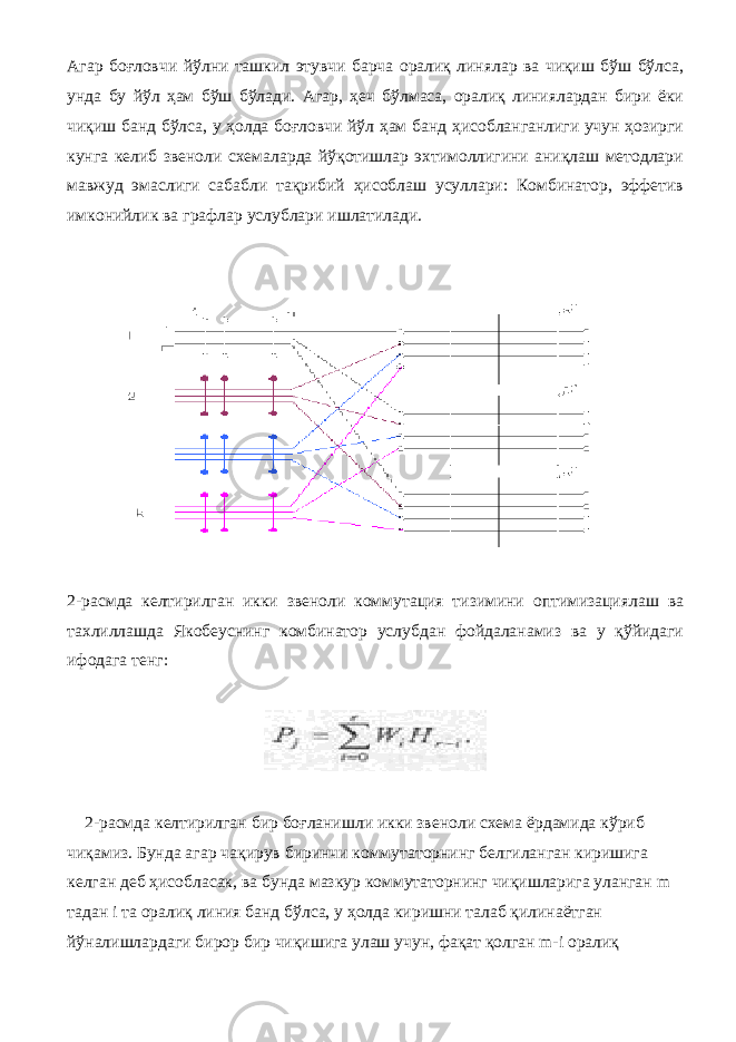 Агар боғловчи йўлни ташкил этувчи барча оралиқ линялар ва чиқиш бўш бўлса, унда бу йўл ҳам бўш бўлади. Агар, ҳеч бўлмаса, оралиқ линиялардан бири ёки чиқиш банд бўлса, у ҳолда боғловчи йўл ҳам банд ҳисобланганлиги учун ҳозирги кунга келиб звеноли схемаларда йўқотишлар эхтимоллигини аниқлаш методлари мавжуд эмаслиги сабабли тақрибий ҳисоблаш усуллари: Комбинатор, эффетив имконийлик ва графлар услублари ишлатилади. 2-расмда келтирилган икки звеноли коммутация тизимини оптимизациялаш ва тахлиллашда Якобеуснинг комбинатор услубдан фойдаланамиз ва у қўйидаги ифодага тенг: 2-расмда келтирилган бир боғланишли икки звеноли схема ёрдамида кўриб чиқамиз. Бунда агар чақирув биринчи коммутаторнинг белгиланган киришига келган деб ҳисобласак, ва бунда мазкур коммутаторнинг чиқишларига уланган m тадан i та оралиқ линия банд бўлса, у ҳолда киришни талаб қилинаётган йўналишлардаги бирор бир чиқишига улаш учун, фақат қолган m-i оралиқ 