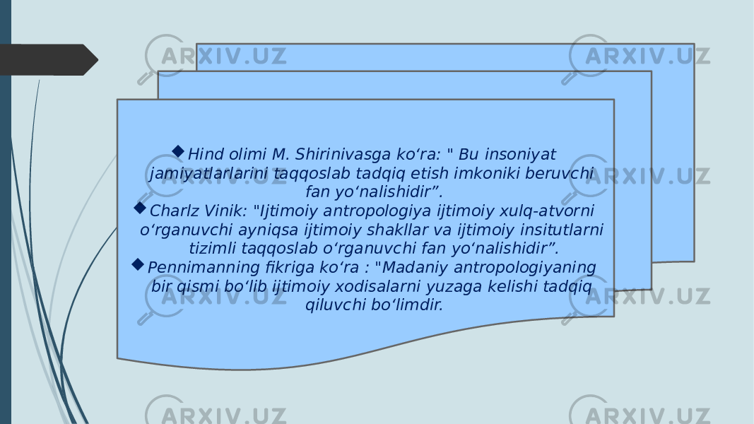  Hind olimi M. Shirinivasga ko‘ra: &#34; Bu insoniyat jamiyatlarlarini taqqoslab tadqiq etish imkoniki beruvchi fan yo‘nalishidir”.  Charlz Vinik: &#34;Ijtimoiy antropologiya ijtimoiy xulq-atvorni o‘rganuvchi ayniqsa ijtimoiy shakllar va ijtimoiy insitutlarni tizimli taqqoslab o‘rganuvchi fan yo‘nalishidir”.  Pennimanning fikriga ko‘ra : &#34;Madaniy antropologiyaning bir qismi bo‘lib ijtimoiy xodisalarni yuzaga kelishi tadqiq qiluvchi bo‘limdir. 