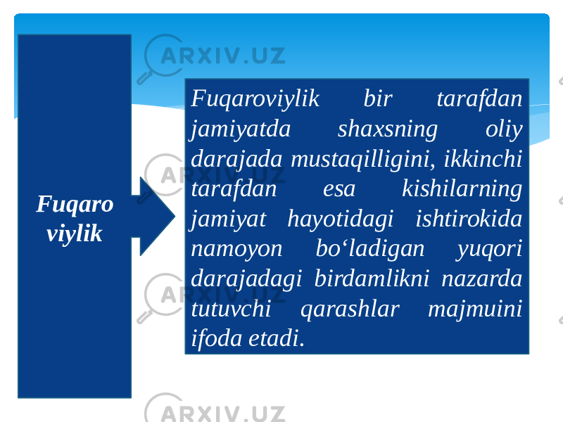 Fuqaro viylik Fuqaroviylik bir tarafdan jamiyatda shaxsning oliy darajada mustaqilligini, ikkinchi tarafdan esa kishilarning jamiyat hayotidagi ishtirokida namoyon bo‘ladigan yuqori darajadagi birdamlikni nazarda tutuvchi qarashlar majmuini ifoda etadi. 