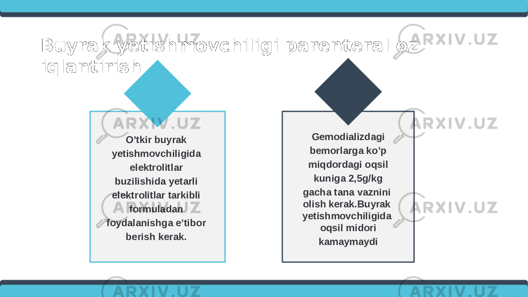 Buyrak yetishmovchiligi parenteral oz - iqlantirish O’tkir buyrak yetishmovchiligida elektrolitlar buzilishida yetarli elektrolitlar tarkibli formuladan foydalanishga e’tibor berish kerak. Gemodializdagi bemorlarga ko’p miqdordagi oqsil kuniga 2,5g/kg gacha tana vaznini olish kerak.Buyrak yetishmovchiligida oqsil midori kamaymaydi 