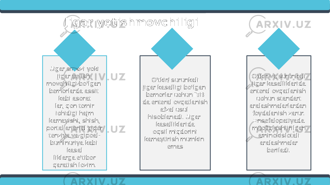 Jigar sirrozi yoki jigar yetish - movchiligi bo’lgan bemorlarda assit kabi asorat lar, qon tomir ichidigi hajm kamayishi, shish, portal arterial giper tenziya va gipoal - buminuriya kabi kasal liklarga e’tibor qaratish lozim. O’tkir/ surunkali jigar kasalligi bo’lgan bemorlar uchun ITB da enteral ovqatlanish afzal usul hisoblanadi. Jigar kasalliklarida oqsil miqdorini kamaytirish mumkin emas O’tkir va surunkali jigar kasalliklarida enteral ovqatlanish uchun standart aralashmalarlardan foydalanish zarur. Ensefalopatiyada muofiqlashtirilgan aminokislotali aralashmalar beriladi.Jigar yetishmovchiligi 