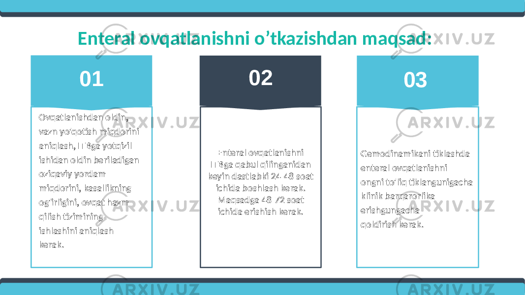 Enteral ovqatlanishni o’tkazishdan maqsad: 01 Enteral ovqatlanishni ITBga qabul qilinganidan keyin dastlabki 24-48 soat ichida boshlash kerak. Maqsadga 48-72 soat ichida erishish kerak. 02 Gemodinamikani tiklashda enteral ovqatlanishni ongni to&#39;liq tiklangunigacha klinik barqarorlika erishgungacha qoldirish kerak. 03 Ovqatlanishdan oldin, vazn yo&#39;qotish miqdorini aniqlash, ITBga yotqizil - ishidan oldin beriladigan oziqaviy yordam miqdorini, kasallikning og&#39;irligini, ovqat hazm qilish tizimining ishlashini aniqlash kerak. 