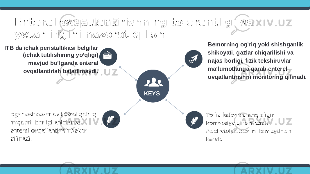 KEYS Bemorning og’riq yoki shishganlik shikoyati, gazlar chiqarilishi va najas borligi, fizik tekshiruvlar ma’lumotlariga qarab enterel ovqatlantirishni monitoring qilinadi. To’liq kaloriya tanqisligini korreksiya qilish kerak. Aspiratsiya xavfini kamaytirish kerak.ITB da ichak peristaltikasi belgilar (ichak tutilishining yo’qligi) mavjud bo’lganda enteral ovqatlantirish bajarilmaydi.Enteral ovqatlantirishning tolerantligi va yetarliligini nazorat qilish Agar oshqozonda 500ml qoldiq miqdori borligi aniqlansa, enteral ovqatlantirish bekor qilinadi. 