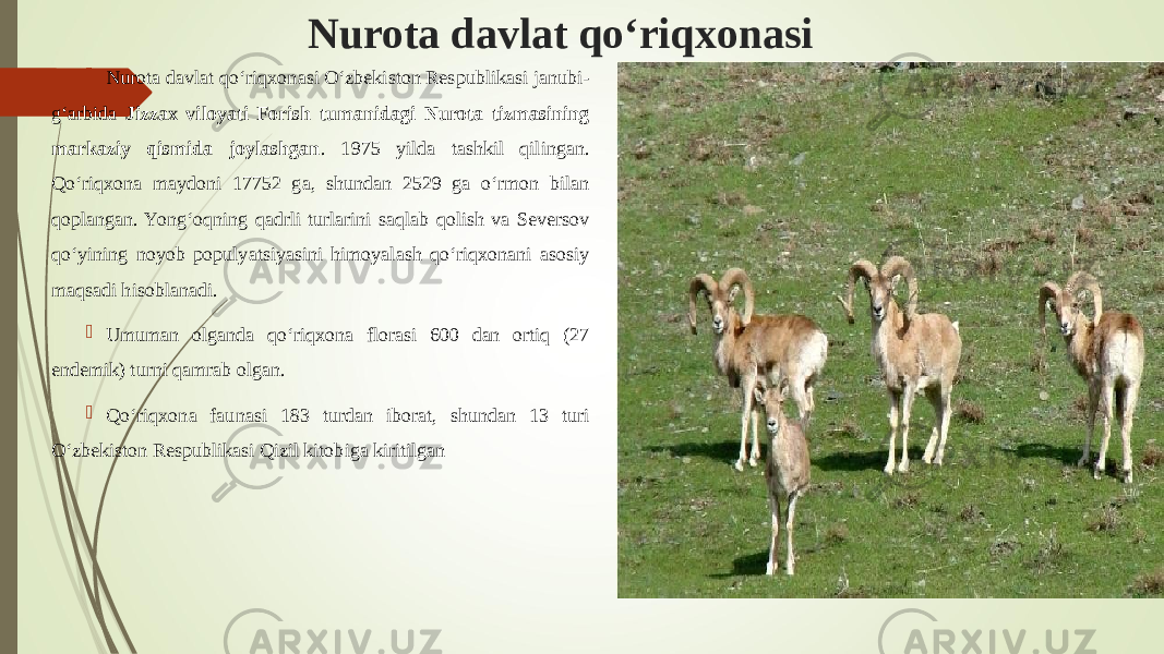 Nurota davlat qо‘riqxonasi  Nurota davlat qо‘riqxonasi О‘zbekiston Respublikasi janubi- g‘arbida Jizzax viloyati Forish tumanidagi Nurota tizmasining markaziy qismida joylashgan . 1975 yilda tashkil qilingan. Qо‘riqxona maydoni 17752 ga, shundan 2529 ga о‘rmon bilan qoplangan. Yong‘oqning qadrli turlarini saqlab qolish va Seversov qо‘yining noyob populyatsiyasini himoyalash qо‘riqxonani asosiy maqsadi hisoblanadi.  Umuman olganda qо‘riqxona florasi 600 dan ortiq (27 endemik) turni qamrab olgan.  Qо‘riqxona faunasi 183 turdan iborat, shundan 13 turi О‘zbekiston Respublikasi Qizil kitobiga kiritilgan 