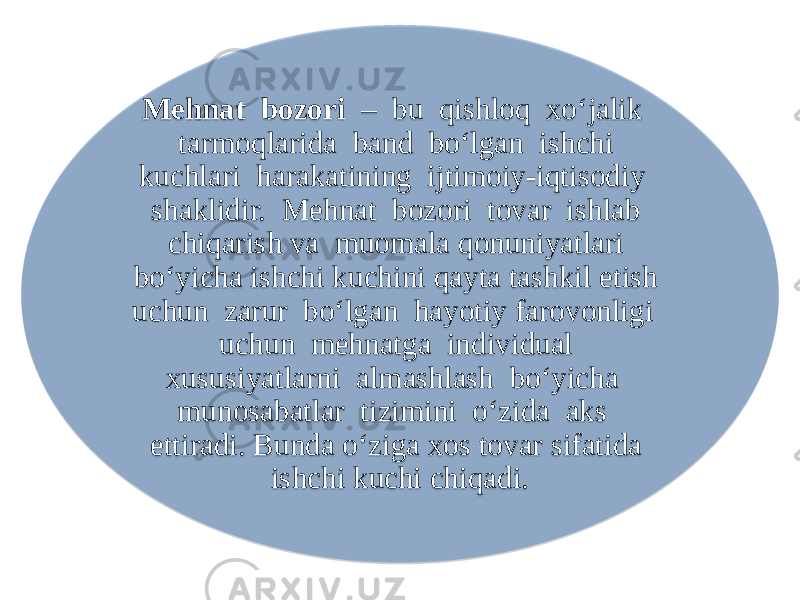 Mehnat bozori – bu qishloq xo‘jalik tarmoqlarida band bo‘lgan ishchi kuchlari harakatining ijtimoiy-iqtisodiy shaklidir. Mehnat bozori tovar ishlab chiqarish va muomala qonuniyatlari bo‘yicha ishchi kuchini qayta tashkil etish uchun zarur bo‘lgan hayotiy farovonligi uchun mehnatga individual xususiyatlarni almashlash bo‘yicha munosabatlar tizimini o‘zida aks ettiradi. Bunda o‘ziga xos tovar sifatida ishchi kuchi chiqadi.010203040506 3D0303 17 0C08 060F 20 0910 08200F08 08200F08 2308 15 05 0B 