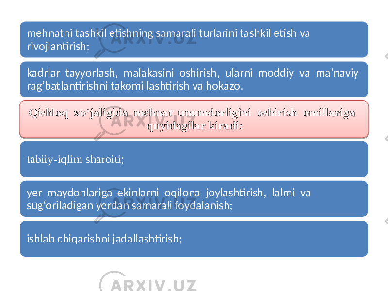 mehnatni tashkil etishning samarali turlarini tashkil etish va rivojlantirish; kadrlar tayyorlash, malakasini oshirish, ularni moddiy va ma’naviy rag‘batlantirishni takomillashtirish va hokazo. Qishloq xo‘jaligida mehnat unumdorligini oshirish omillariga quyidagilar kiradi: tabiiy-iqlim sharoiti; yer maydonlariga ekinlarni oqilona joylashtirish, lalmi va sug‘oriladigan yerdan samarali foydalanish; ishlab chiqarishni jadallashtirish; 280C09 0E 