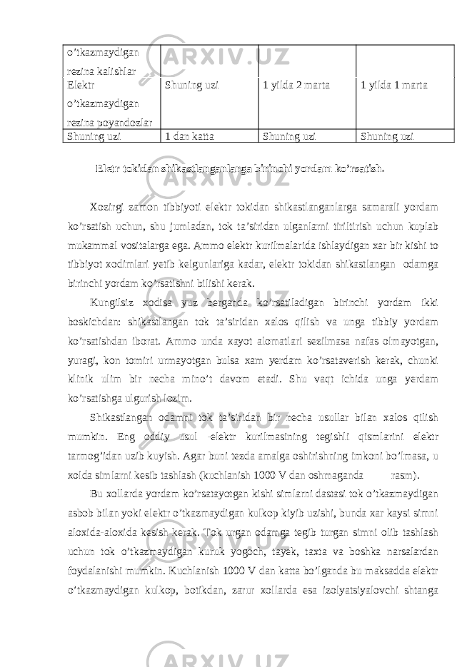 o’tkazmaydigan rezina kalishlar Elektr o’tkazmaydigan rezina poyandozlar Shuning uzi 1 yilda 2 marta 1 yilda 1 marta Shuning uzi 1 dan katta Shuning uzi Shuning uzi Eletr tokidan shikastlanganlarga birinchi yordam ko’rsatish. Xozirgi zamon tibbiyoti elektr tokidan shikastlanganlarga samarali yordam ko’rsatish uchun, shu jumladan, tok ta’siridan ulganlarni tiriltirish uchun kuplab mukammal vositalarga ega. Ammo elektr kurilmalarida ishlaydigan xar bir kishi to tibbiyot xodimlari yetib kelgunlariga kadar, elektr tokidan shikastlangan odamga birinchi yordam ko’rsatishni bilishi kerak. Kungilsiz xodisa yuz berganda ko’rsatiladigan birinchi yordam ikki boskichdan: shikastlangan tok ta’siridan xalos qilish va unga tibbiy yordam ko’rsatishdan iborat. Ammo unda xayot alomatlari sezilmasa nafas olmayotgan, yuragi, kon tomiri urmayotgan bulsa xam yerdam ko’rsataverish kerak, chunki klinik ulim bir necha mino’t davom etadi. Shu vaqt ichida unga yerdam ko’rsatishga ulgurish lozim. Shikastlangan odamni tok ta’siridan bir necha usullar bilan xalos qilish mumkin. Eng oddiy usul -elektr kurilmasining tegishli qismlarini elektr tarmog’idan uzib kuyish. Agar buni tezda amalga oshirishning imkoni bo’lmasa, u xolda simlarni kesib tashlash (kuchlanish 1000 V dan oshmaganda rasm). Bu xollarda yordam ko’rsatayotgan kishi simlarni dastasi tok o’tkazmaydigan asbob bilan yoki elektr o’tkazmaydigan kulkop kiyib uzishi, bunda xar kaysi simni aloxida-aloxida kesish kerak. Tok urgan odamga tegib turgan simni olib tashlash uchun tok o’tkazmaydigan kuruk yogoch, tayek, taxta va boshka narsalardan foydalanishi mumkin. Kuchlanish 1000 V dan katta bo’lganda bu maksadda elektr o’tkazmaydigan kulkop, botikdan, zarur xollarda esa izolyatsiyalovchi shtanga 