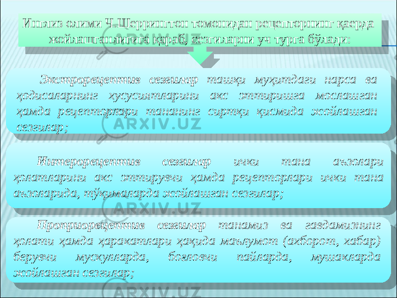 Инглиз олими Ч.Шеррингтон томонидан рецепторнинг қаерда жойлашганлигига қараб, сезгиларни уч турга бўлади: Экстрорецептив сезгилар ташқи муҳитдаги нарса ва ҳодисаларнинг хусусиятларини акс эттиришга мослашган ҳамда рецепторлари тананинг сиртқи қисмида жойлашган сезгилар; Интерорецептив сезгилар ички тана аъзолари ҳолатларини акс эттирувчи ҳамда рецепторлари ички тана аъзоларида, тўқималарда жойлашган сезгилар; Проприорецептив сезгилар танамиз ва гавдамизнинг ҳолати ҳамда ҳаракатлари ҳақида маълумот (ахборот, хабар) берувчи мускулларда, боғловчи пайларда, мушакларда жойлашган сезгилар;2B 21 