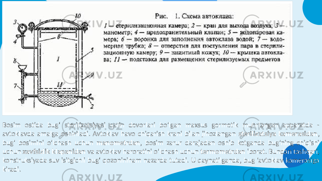 Bosim ostida bug‘ sterilizatsiyasi qalin devorlari bo&#39;lgan maxsus germetik muhrlangan apparatda - avtoklavda amalga oshiriladi. Avtoklav havo chiqarish krani bilan jihozlangan sterilizatsiya kamerasidan , bug&#39; bosimini o&#39;lchash uchun manometrdan , bosim zarur darajadan oshib ketganda bug&#39;ning chiqishi uchun xavfsizlik klapanidan va avtoklav haroratini o&#39;lchash uchun termometrdan iborat. Bundan tashqari, konstruksiyada suv isitgichli bug‘ qozoniniham nazarda tutadi. U qaynatilganda, bug &#39;avtoklav kamerasiga kiradi. 