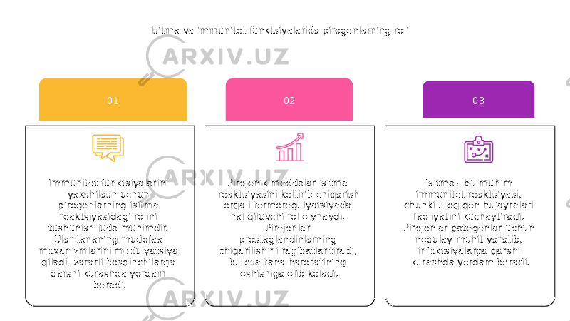 Isitma va immunitet funktsiyalarida pirogenlarning roli Pirojenik moddalar isitma reaktsiyasini keltirib chiqarish orqali termoregulyatsiyada hal qiluvchi rol o&#39;ynaydi. Pirojenlar prostaglandinlarning chiqarilishini rag&#39;batlantiradi, bu esa tana haroratining oshishiga olib keladi. 02 Isitma - bu muhim immunitet reaktsiyasi, chunki u oq qon hujayralari faoliyatini kuchaytiradi. Pirojenlar patogenlar uchun noqulay muhit yaratib, infektsiyalarga qarshi kurashda yordam beradi. 03 Immunitet funktsiyalarini yaxshilash uchun pirogenlarning isitma reaktsiyasidagi rolini tushunish juda muhimdir. Ular tananing mudofaa mexanizmlarini modulyatsiya qiladi, zararli bosqinchilarga qarshi kurashda yordam beradi. 01 