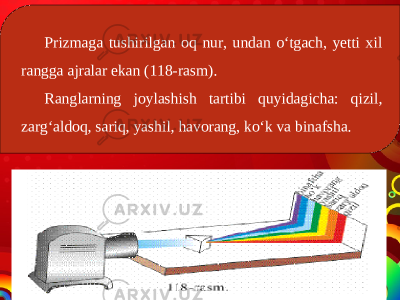 Prizmaga tushirilgan oq nur, undan o‘tgach, yetti xil rangga ajralar ekan (118-rasm). Ranglarning joylashish tartibi quyidagicha: qizil, zarg‘aldoq, sariq, yashil, havorang, ko‘k va binafsha. 