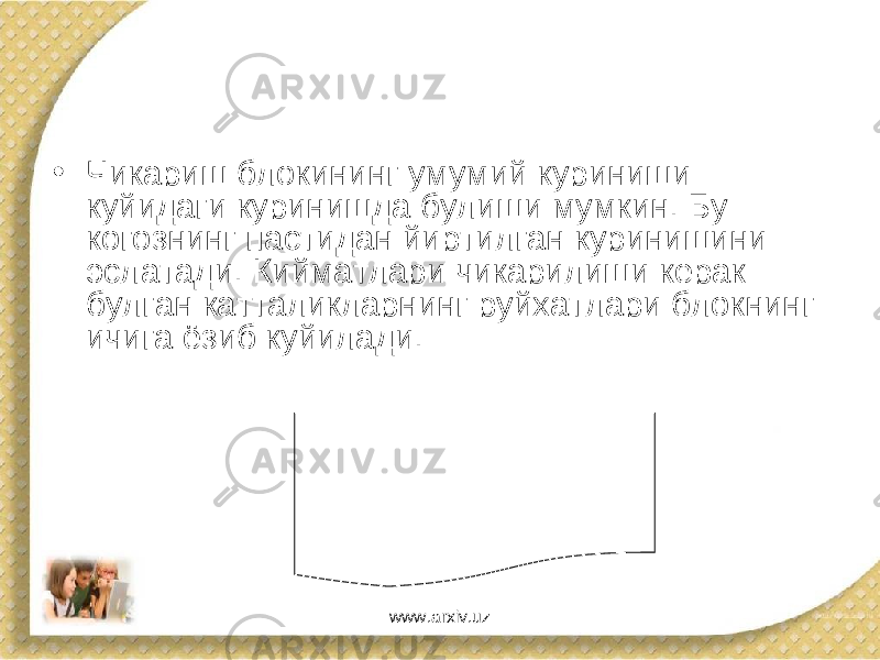 • Чикариш блокининг умумий куриниши куйидаги куринишда булиши мумкин. Бу когознинг пастидан йиртилган куринишини эслатади. Кийматлари чикарилиши керак булган катталикларнинг руйхатлари блокнинг ичига ёзиб куйилади. www.arxiv.uz 