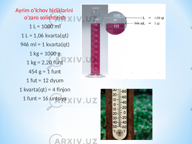 Ayrim o’lchov birliklarini o’zaro solishtirish 1 L = 1000 ml 1 L = 1,06 kvarta(qt) 946 ml = 1 kvarta(qt) 1 kg = 1000 g 1 kg = 2,20 funt 454 g = 1 funt 1 fut = 12 dyum 1 kvarta(qt) = 4 finjon 1 funt = 16 untsiya 