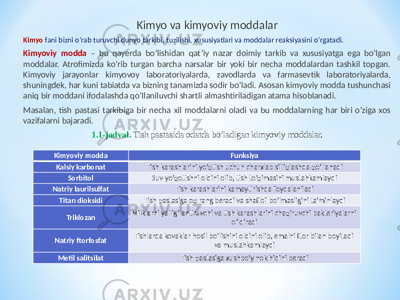 Kimyo va kimyoviy moddalar Kimyo fani bizni o’rab turuvchi dunyo tarkibi, tuzilishi, xususiyatlari va moddalar reaksiyasini o’rgatadi. Kimyoviy modda – bu qayerda bo’lishidan qat’iy nazar doimiy tarkib va xususiyatga ega bo’lgan moddalar. Atrofimizda ko’rib turgan barcha narsalar bir yoki bir necha moddalardan tashkil topgan. Kimyoviy jarayonlar kimyovoy laboratoriyalarda, zavodlarda va farmasevtik laboratoriyalarda, shuningdek, har kuni tabiatda va bizning tanamizda sodir bo’ladi. Asosan kimyoviy modda tushunchasi aniq bir moddani ifodalashda qo’llaniluvchi shartli almashtiriladigan atama hisoblanadi. Masalan, tish pastasi tarkibiga bir necha xil moddalarni oladi va bu moddalarning har biri o’ziga xos vazifalarni bajaradi. 1.1-jadval. Tish pastasida odatda bo ’ ladigan kimyoviy moddalar. Kimyoviy modda Funksiya Kalsiy karbonat Tish karashlarini yo’qtish uchun charxlab silliqlashda qo’llanadi Sorbitol Suv yo’qotishni oldini olib, tish to’qimasini mustahkamlaydi Natriy laurilsulfat Tish karashlarini kamaytirishda foydalaniladi Titan dioksidi Tish pastasiga oq rang beradi va shaffof bo’lmasligini ta’minlaydi Triklozan Milklarni yallig’lantiruvchi va tish karashlarini chaqiruvchi bakteriyalarni o’ldiradi Natriy ftorfosfat Tishlarda kovaklar hosil bo’lishini oldini olib, emalni ftor bilan boyitadi va mustahkamlaydi Metil salitsilat Tish pastasiga xushbo’y nok hidini beradi 