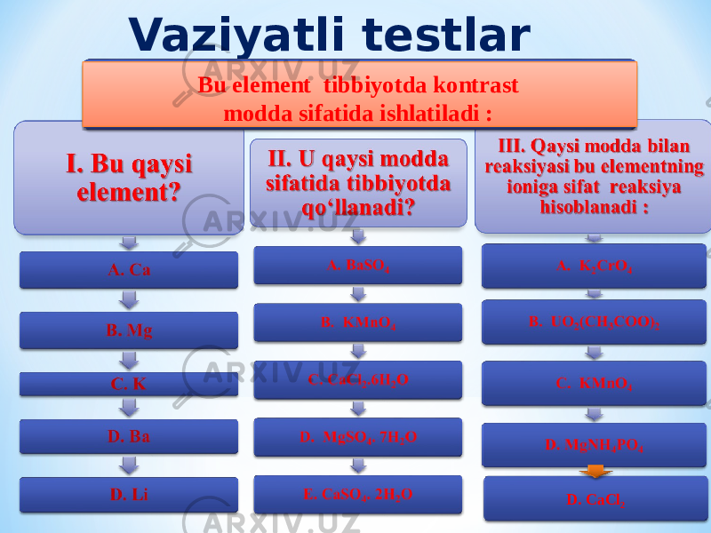 Vaziyatli testlar yechishBu element tibbiyotda kontrast modda sifatida ishlatiladi : D. CaCl 2 