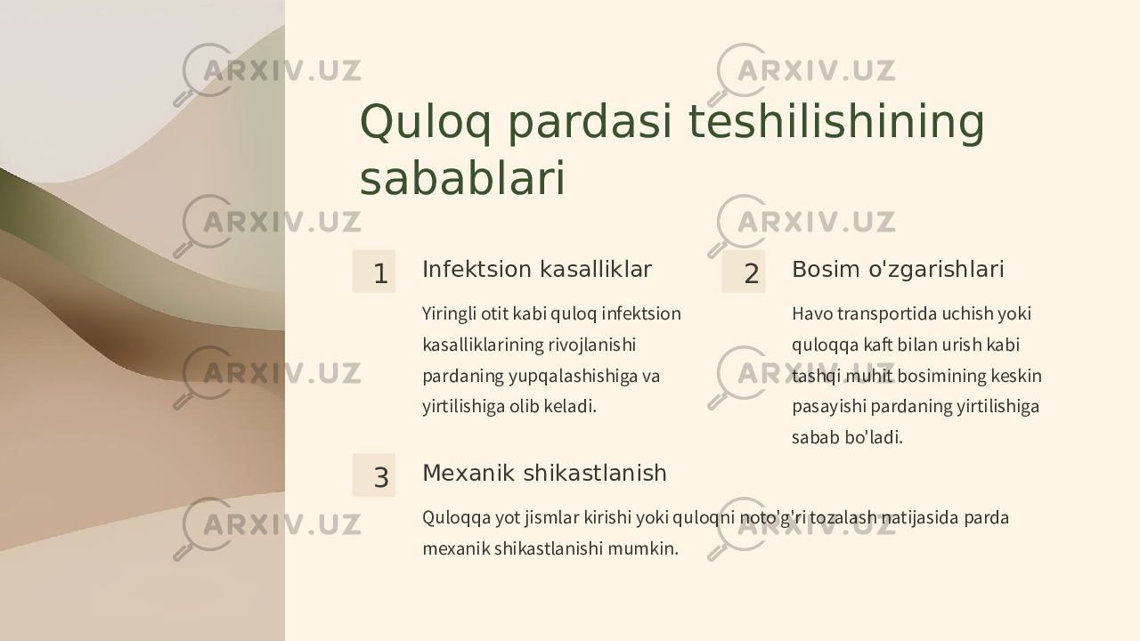 Quloq pardasi teshilishining sabablari 1 Infektsion kasalliklar Yiringli otit kabi quloq infektsion kasalliklarining rivojlanishi pardaning yupqalashishiga va yirtilishiga olib keladi. 2 Bosim o&#39;zgarishlari Havo transportida uchish yoki quloqqa kaft bilan urish kabi tashqi muhit bosimining keskin pasayishi pardaning yirtilishiga sabab bo&#39;ladi. 3 Mexanik shikastlanish Quloqqa yot jismlar kirishi yoki quloqni noto&#39;g&#39;ri tozalash natijasida parda mexanik shikastlanishi mumkin. 