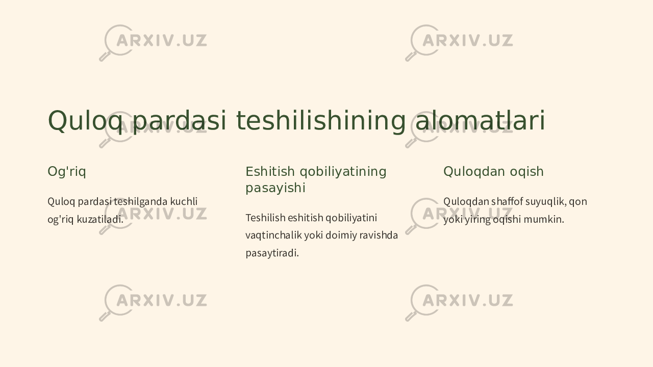 Quloq pardasi teshilishining alomatlari Og&#39;riq Quloq pardasi teshilganda kuchli og&#39;riq kuzatiladi. Eshitish qobiliyatining pasayishi Teshilish eshitish qobiliyatini vaqtinchalik yoki doimiy ravishda pasaytiradi. Quloqdan oqish Quloqdan shaffof suyuqlik, qon yoki yiring oqishi mumkin. 