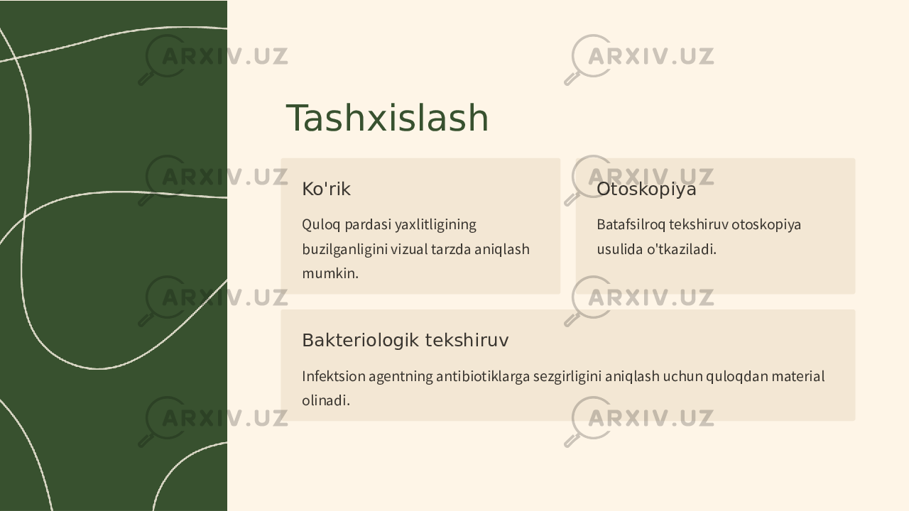 Tashxislash Ko&#39;rik Quloq pardasi yaxlitligining buzilganligini vizual tarzda aniqlash mumkin. Otoskopiya Batafsilroq tekshiruv otoskopiya usulida o&#39;tkaziladi. Bakteriologik tekshiruv Infektsion agentning antibiotiklarga sezgirligini aniqlash uchun quloqdan material olinadi. 