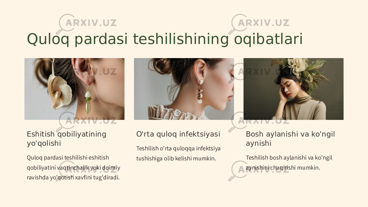 Quloq pardasi teshilishining oqibatlari Eshitish qobiliyatining yo&#39;qolishi Quloq pardasi teshilishi eshitish qobiliyatini vaqtinchalik yoki doimiy ravishda yo&#39;qotish xavfini tug&#39;diradi. O&#39;rta quloq infektsiyasi Teshilish o&#39;rta quloqqa infektsiya tushishiga olib kelishi mumkin. Bosh aylanishi va ko&#39;ngil aynishi Teshilish bosh aylanishi va ko&#39;ngil aynishini chaqirishi mumkin. 