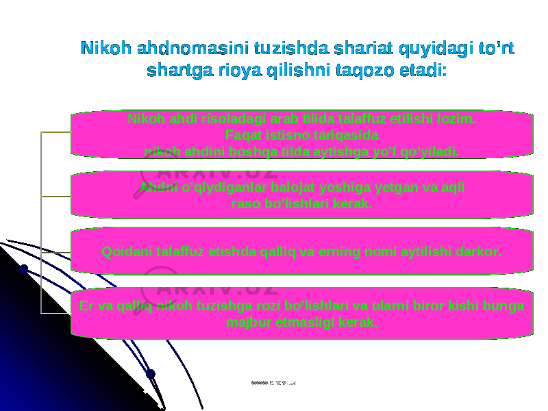 Nikoh ahdnomasini tuzishda shariat quyidagi to’rt shartga rioya qilishni taqozo etadi: Nikoh ahdi risoladagi arab tilida talaffuz etilishi lozim. Faqat istisno tariqasida nikoh ahdini boshqa tilda aytishga yo’l qo’yiladi. Ahdni o’qiydiganlar balo ј at yoshiga yetgan va aqli raso bo’lishlari kerak. Qoidani talaffuz etishda qalliq va erning nomi aytilishi darkor. Er va qalliq nikoh tuzishga rozi bo’lishlari va ularni biror kishi bunga majbur etmasligi kerak. www.arxiv.uzwww.arxiv.uz 