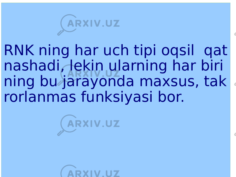 RNK ning har uch tipi oqsil qat nashadi, lekin ularning har biri ning bu jarayonda maxsus, tak rorlanmas funksiyasi bor. 