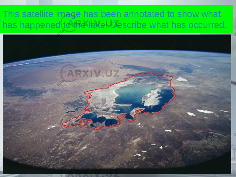 This satellite image has been annotated to show what has happened to the lake! Describe what has occurred. 