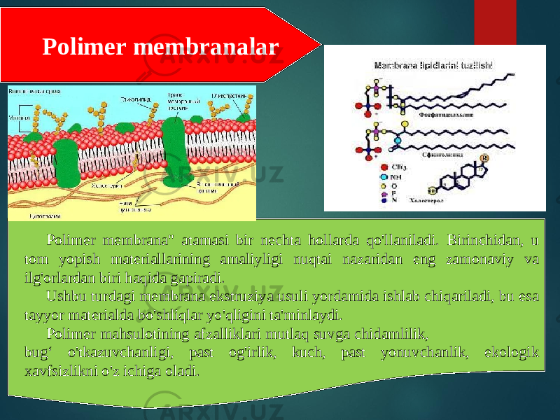 Polimer membranalar Polimer membrana&#34; atamasi bir nechta hollarda qo&#39;llaniladi. Birinchidan, u tom yopish materiallarining amaliyligi nuqtai nazaridan eng zamonaviy va ilg&#39;orlardan biri haqida gapiradi. Ushbu turdagi membrana ekstruziya usuli yordamida ishlab chiqariladi, bu esa tayyor materialda bo&#39;shliqlar yo&#39;qligini ta&#39;minlaydi. Polimer mahsulotining afzalliklari mutlaq suvga chidamlilik, bug‘ o&#39;tkazuvchanligi, past og&#39;irlik, kuch, past yonuvchanlik, ekologik xavfsizlikni o&#39;z ichiga oladi. 