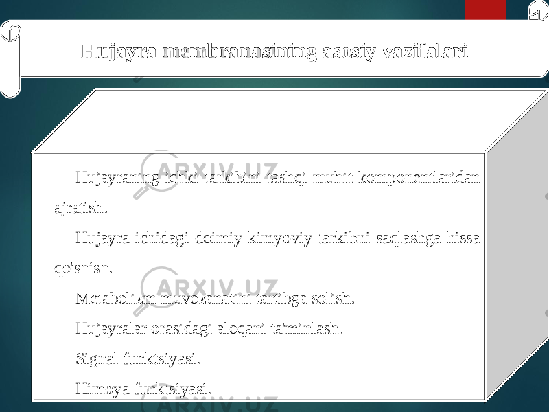 Hujayra membranasining asosiy vazifalari Hujayraning ichki tarkibini tashqi muhit komponentlaridan ajratish. Hujayra ichidagi doimiy kimyoviy tarkibni saqlashga hissa qo&#39;shish. Metabolizm muvozanatini tartibga solish. Hujayralar orasidagi aloqani ta&#39;minlash. Signal funktsiyasi. Himoya funktsiyasi. 