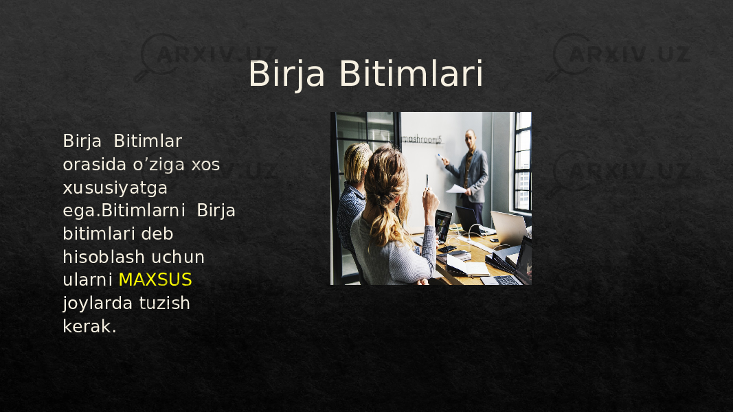 Birja Bitimlari Birja Bitimlar orasida o’ziga xos xususiyatga ega.Bitimlarni Birja bitimlari deb hisoblash uchun ularni MAXSUS joylarda tuzish kerak.01 01 28 2E 22 23 2D 26 04 05 3628 2B 