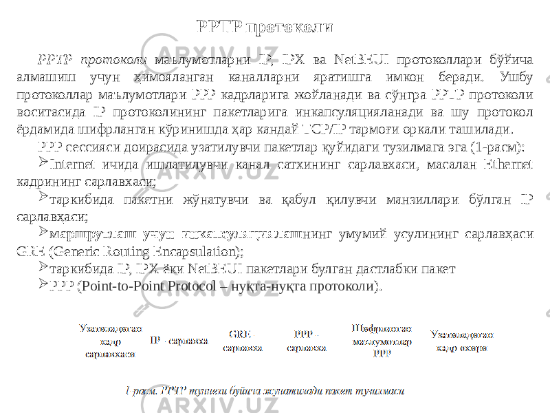 PPTP протоколи PPTP протоколи маълумотларни IP, IPX ва NetBEUI протоколлари бўйича алмашиш учун ҳимояланган каналларни яратишга имкон беради. Ушбу протоколлар маълумотлари PPP кадрларига жойланади ва сўнгра PPTP протоколи воситасида IP протоколининг пакетларига инкапсуляцияланади ва шу протокол ёрдамида шифрланган кўринишда ҳар кандай TCP/IP тармоғи оркали ташилади. PPP сессияси доирасида узатилувчи пакетлар қуйидаги тузилмага эга (1-расм):  Internet ичида ишлатилувчи канал сатхининг сарлавхаси, масалан Ethernet кадрининг сарлавхаси;  таркибида пакетни жўнатувчи ва қабул қилувчи манзиллари бўлган IP сарлавҳаси;  маршрутлаш учун инкапсуляциялаш нинг умумий усулининг сарлавҳаси GRE (Generic Routing Encapsulation);  таркибида IP, IPX ёки NetBEUI пакетлари булган дастлабки пакет  PPP ( Point-to-Point Protocol – нуқта-нуқта протоколи ). 