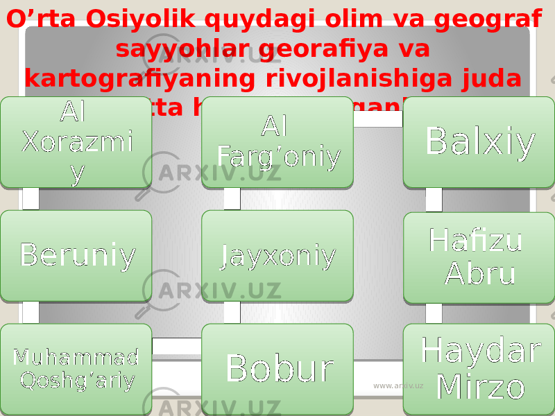 O’rta Osiyolik quydagi olim va geograf sayyohlar georafiya va kartografiyaning rivojlanishiga juda katta hissa qo’shganlar. Al Xorazmi y Beruniy Muhammad Qoshg’ariy Bobur Jayxoniy Al Farg’oniy Balxiy Hafizu Abru Haydar Mirzowww.arxiv.uz 37 380F 0E 39 01 3A 39 0B 3B 0B 37 3C 39 3D 3725 3D02 01 