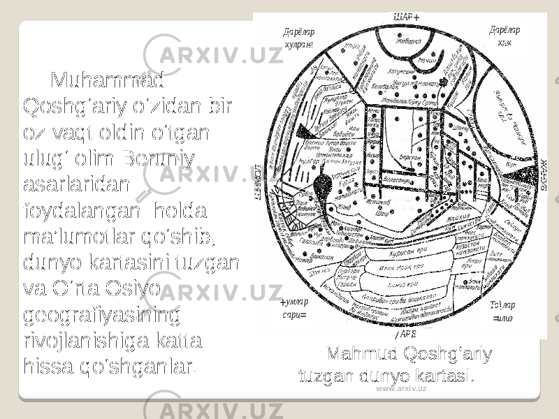 Mahmud Qoshg‘ariy tuzgan dunyo kartasi.Muhammad Qoshg‘ariy o‘zidan bir oz vaqt oldin o‘tgan ulug‘ olim Beruniy asarlaridan foydalangan holda ma’lumotlar qo‘shib, dunyo kartasini tuzgan va O‘rta Osiyo geografiyasining rivojlanishiga katta hissa qo‘shganlar. www.arxiv.uz ШАР + Дарёлар кулранг Дарёлар кык Ж АНУБ Ш ИМОЛ То \лар =илиз +умлар сари = /АРБ 