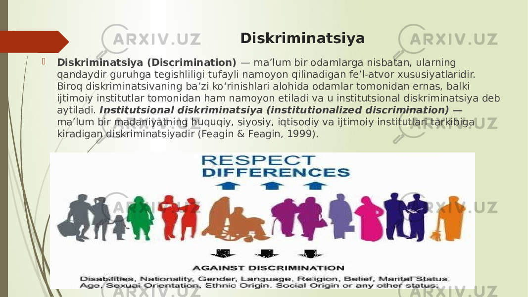 Diskriminatsiya    Diskriminatsiya (Discrimination) — ma’lum bir odamlarga nisbatan, ularning qandaydir guruhga tegishliligi tufayli namoyon qilinadigan fe’l-atvor xususiyatlaridir. Biroq diskriminatsivaning ba’zi ko‘rinishlari alohida odamlar tomonidan ernas, balki ijtimoiy institutlar tomonidan ham namoyon etiladi va u institutsional diskriminatsiya deb aytiladi. Institutsional diskriminatsiya (institutionalized discrimination) — ma’lum bir madaniyatning huquqiy, siyosiy, iqtisodiy va ijtimoiy institutlari tarkibiga kiradigan diskriminatsiyadir (Feagin & Feagin, 1999). 