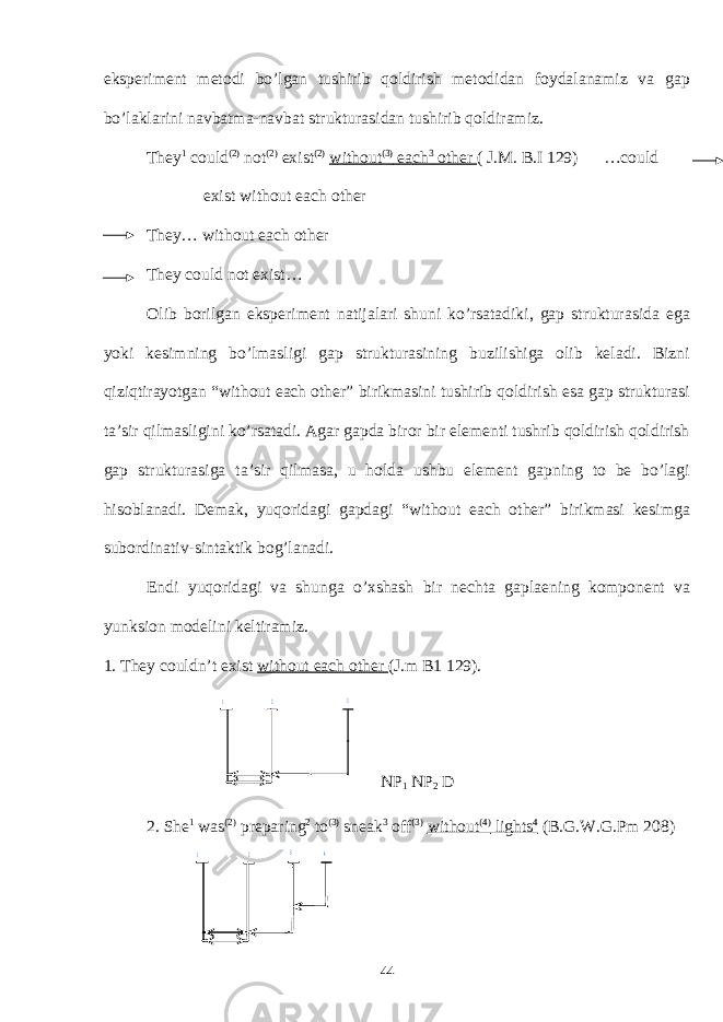 eksperiment metodi bo’lgan tushirib qoldirish metodidan foydalanamiz va gap bo’laklarini navbatma-navbat strukturasidan tushirib qoldiramiz. They 1 could (2) not (2) exist (2) without (3) each 3 other ( J.M. B.I 129) …could exist without each other They… without each other They could not exist… Olib borilgan eksperiment natijalari shuni ko’rsatadiki, gap strukturasida ega yoki kesimning bo’lmasligi gap strukturasining buzilishiga olib keladi. Bizni qiziqtirayotgan “without each other” birikmasini tushirib qoldirish esa gap strukturasi ta’sir qilmasligini ko’rsatadi. Agar gapda biror bir elementi tushrib qoldirish qoldirish gap strukturasiga ta’sir qilmasa, u holda ushbu element gapning to be bo’lagi hisoblanadi. Demak, yuqoridagi gapdagi “without each other” birikmasi kesimga subordinativ-sintaktik bog’lanadi. Endi yuqoridagi va shunga o’xshash bir nechta gaplaening komponent va yunksion modelini keltiramiz. 1. They couldn’t exist without each other (J.m B1   129). 1 2 3 NP 1 NP 2 D 2. She 1 was (2) preparing 2 to (3) sneak 3 off (3) without (4) lights 4 (B.G.W.G.Pm 208) 1 2 3 4 44 