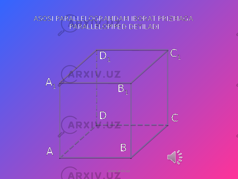 AA 1 DD 1 CC 1 BB 1ASOSI PARALLELOGRAMDAM IBORAT PRIZMAGA PARALLELOPIPED DEYILADI www.arxiv.uz 