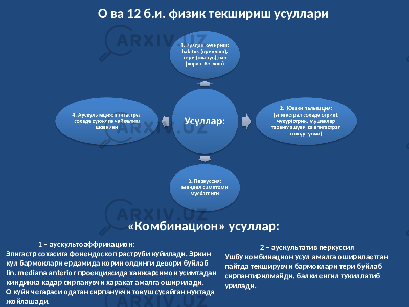 О ва 12 б.и. физик текшириш усуллари «Комбинацион» усуллар: 1 – аускультоаффрикацион: Эпигастр сохасига фонендоскоп раструби куйилади. Эркин кул бармоклари ердамида корин олдинги девори буйлаб lin. mediana anterior проекциясида ханжарсимон усимтадан киндикка кадар сирпанувчи харакат амалга оширилади. О куйи чегараси одатан сирпанувчи товуш сусайган нуктада жойлашади. 2 – аускультатив перкуссия Ушбу комбинацион усул амалга оширилаетган пайтда текширувчи бармоклари тери буйлаб сирпантирилмайди, балки енгил тукиллатиб урилади. 