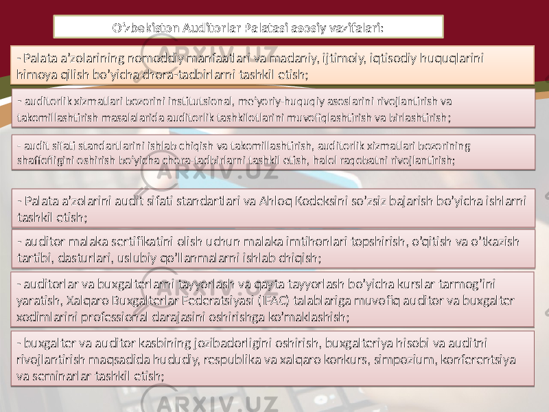 O’zbekiston Auditorlar Palatasi asosiy vazifalari: - Palata a’zolarining nomoddiy manfaatlari va madaniy, ijtimoiy, iqtisodiy huquqlarini himoya qilish bo’yicha chora-tadbirlarni tashkil etish; - auditorlik xizmatlari bozorini institutsional, me’yoriy-huquqiy asoslarini rivojlantirish va takomillashtirish masalalarida auditorlik tashkilotlarini muvofiqlashtirish va birlashtirish ; - audit sifati standartlarini ishlab chiqish va takomillashtirish, auditorlik xizmatlari bozorining shaffofligini oshirish bo’yicha chora-tadbirlarni tashkil etish, halol raqobatni rivojlantirish; - Palata a’zolarini audit sifati standartlari va Ahloq Kodeksini so’zsiz bajarish bo’yicha ishlarni tashkil etish; - auditor malaka sertifikatini olish uchun malaka imtihonlari topshirish, o’qitish va o’tkazish tartibi, dasturlari, uslubiy qo’llanmalarni ishlab chiqish; - auditorlar va buxgalterlarni tayyorlash va qayta tayyorlash bo’yicha kurslar tarmog’ini yaratish, Xalqaro Buxgalterlar Federatsiyasi (IFAC) talablariga muvofiq auditor va buxgalter xodimlarini professional darajasini oshirishga ko’maklashish; - buxgalter va auditor kasbining jozibadorligini oshirish, buxgalteriya hisobi va auditni rivojlantirish maqsadida hududiy, respublika va xalqaro konkurs, simpozium, konferentsiya va seminarlar tashkil etish;1608 22 1608 07 1C 3F 1608 17 1608 1C 1608 1C 1608 06 27 1608 0B 09 