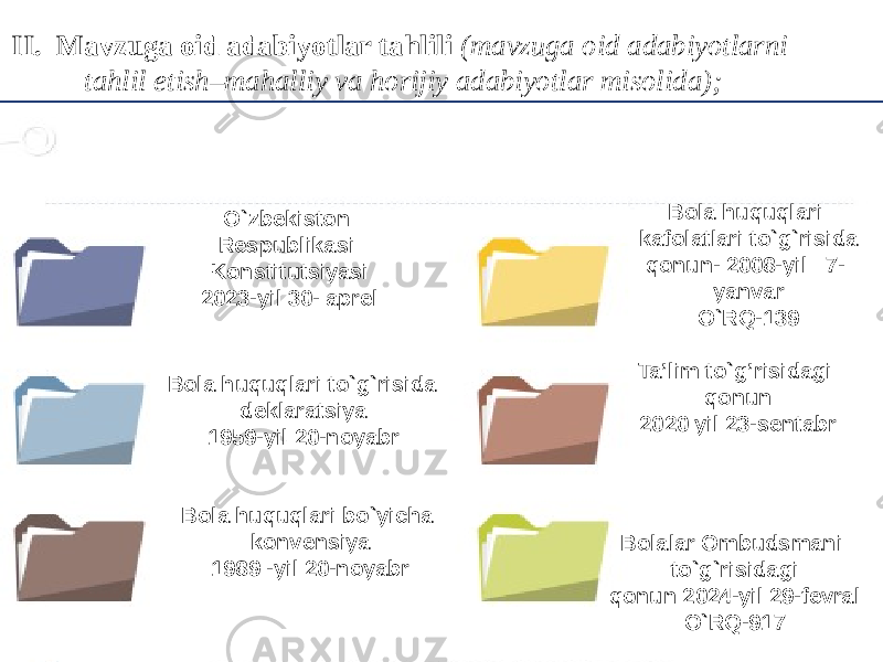 4II. Mavzuga oid adabiyotlar tahlili (mavzuga oid adabiyotlarni tahlil etish–mahalliy va horijiy adabiyotlar misolida); O`zbekiston Respublikasi Konstitutsiyasi 2023-yil 30- aprel Bola huquqlari to`g`risida deklaratsiya 1959-yil 20-noyabr Bola huquqlari bo`yicha konvensiya 1989 -yil 20-noyabr Bola huquqlari kafolatlari to`g`risida qonun- 2008-yil 7- yanvar O`RQ-139 Ta’lim to`g’risidagi qonun 2020 yil 23-sentabr Bolalar Ombudsmani to`g`risidagi qonun 2024-yil 29-fevral O`RQ-917 