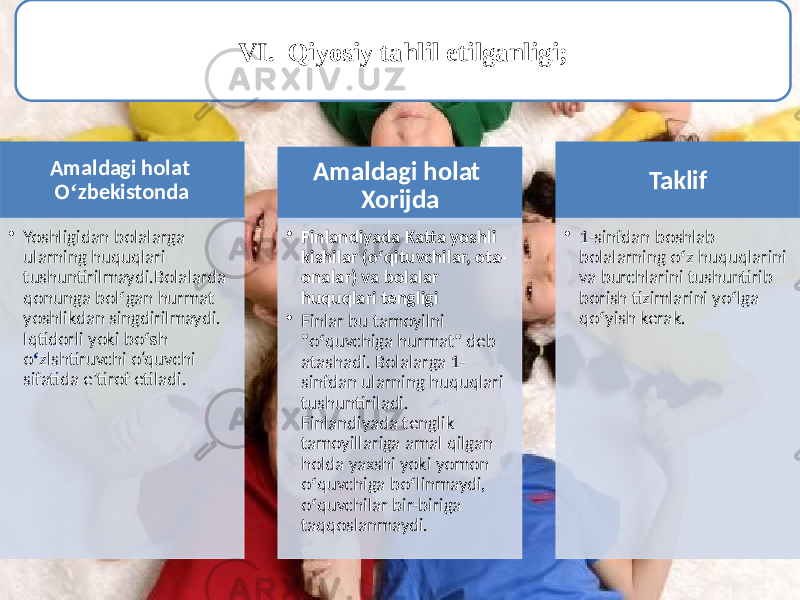 7VI. Qiyosiy tahlil etilganligi; Amaldagi holat O ‘ zbekistonda • Yoshligidan bolalarga ularning huquqlari tushuntirilmaydi.Bolalarda qonunga bol ‘ gan hurmat yoshlikdan singdirilmaydi. Iqtidorli yoki bo ‘s h o ‘ zlshtiruvchi o‘quvchi sifatida e’tirof etiladi. Amaldagi holat Xorijda • Finlandiyada Katta yoshli kishilar (o ‘ qituvchilar, ota- onalar) va bolalar huquqlari tengligi • Finlar bu tamoyilni &#34;o ‘ quvchiga hurmat&#34; deb atashadi. Bolalarga 1- sinfdan ularning huquqlari tushuntiriladi. Finlandiyada tenglik tamoyillariga amal qilgan holda yaxshi yoki yomon o ‘ quvchiga bo ‘ linmaydi, o ‘ quvchilar bir-biriga taqqoslanmaydi. Taklif • 1-sinfdan boshlab bolalarning o ‘ z huquqlarini va burchlarini tushuntirib borish tizimlarini yo ‘ lga qo ‘ yish kerak. 